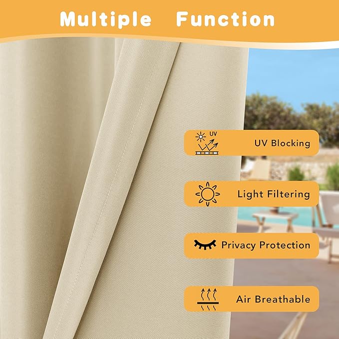 HolidayIdeas Extra Wide Outdoor Curtains for Patio Waterproof, 4 Panels - 110 x 120 Inch - Privacy & Light Filtering Curtains Cream Grommet Outside Curtains for Porch, Gazebo, Pergola, Backyard