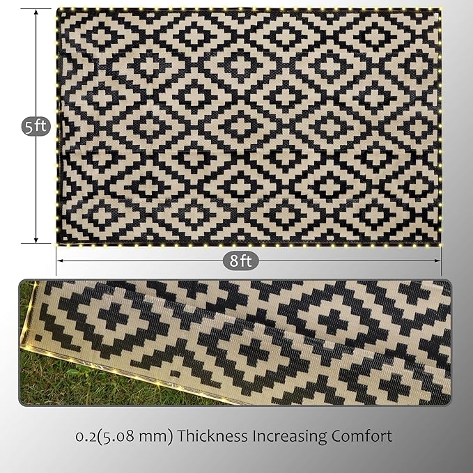 SAND MINE Reversible Mats with Led Strip Lights, Plastic Straw Rug, Modern Area Rug, Large Floor Mat for Outdoors, Patio, Backyard, Deck, Picnic, Camping, Black & Beige, 5' x 8'