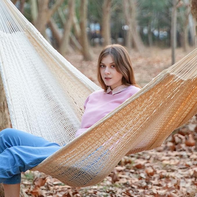 PNAEUT Handwoven Mayan Hammocks, Double Rope Hammock for Outdoor Outside & Indoor, Thick Soft 600 lbs Capacity Heavy-Duty, Includes Tree Straps, Carabiners & Carrying Bag (Nature, X-Large)