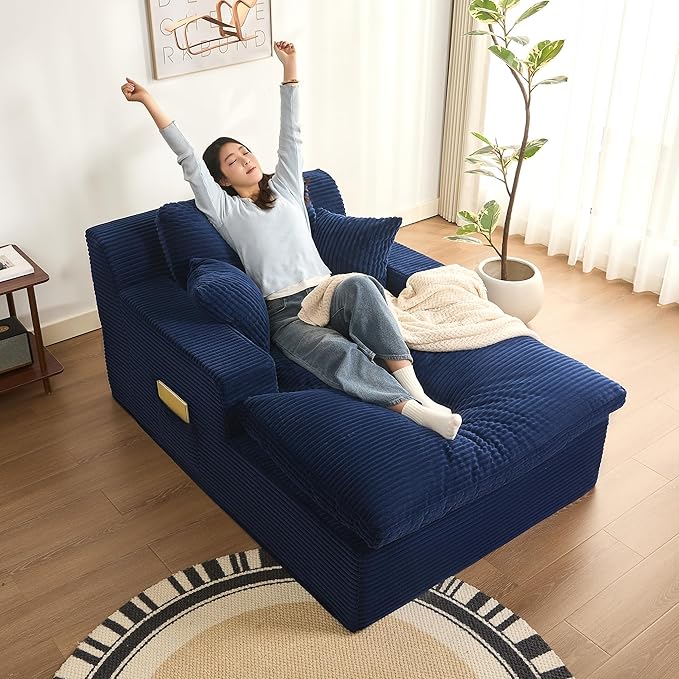 63" Chaise Lounge Chair Indoor, Set of Convertible Sleeper Sofa Couch with Throw Pillows & Side Pockets, Corduroy Upholstered Oversized Sofa Bed with Armrests for Living Room Bedroom, Blue