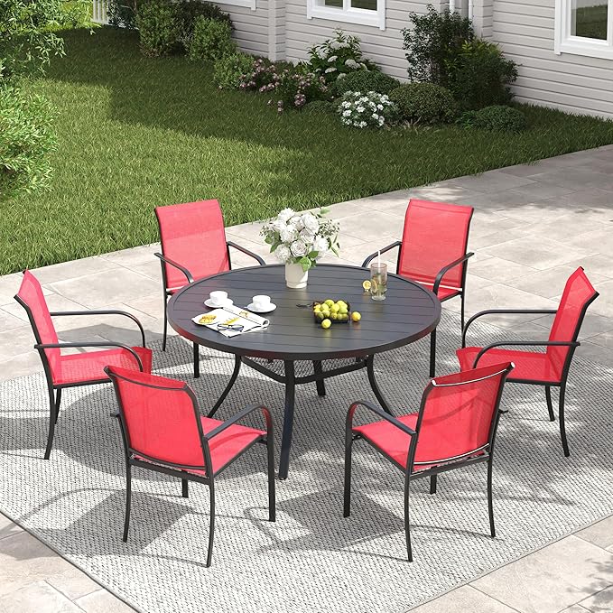 VICLLAX Patio Dining Set for 6, All Weather Metal Outdoor Furniture Set- 47" Round Patio Table and Chairs, Black Tabletop and Red Fabric