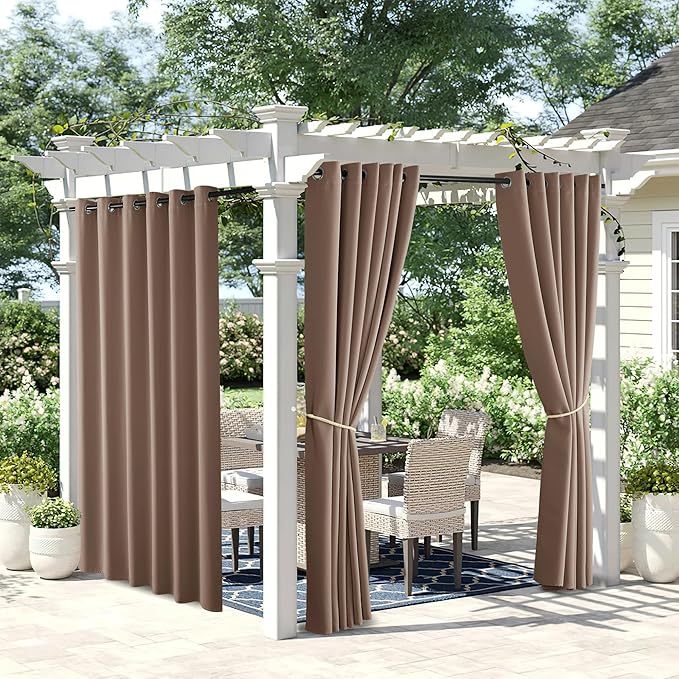 NICETOWN 2 Panels Outdoor Curtains for Patio Waterproof, Grommet Blackout Thermal Insulated Keep Warm in Winter & Cool in Summer Indoor Outdoor Drapes for Pool/Porch, Tan, W84 x L108