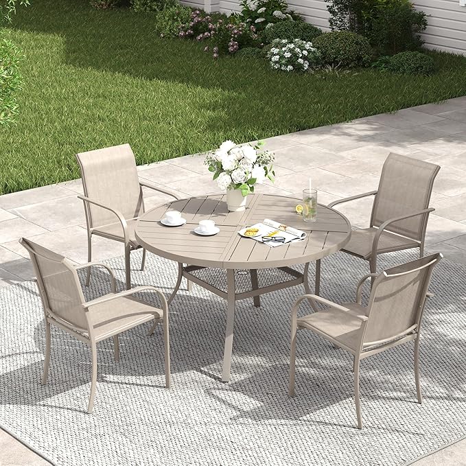 VICLLAX Patio Table and Chair Set of 4, All Weather Metal Round Outdoor Dining Furniture Set-40.6" Round Outdoor Table and Chairs, Sandshell Tabletop