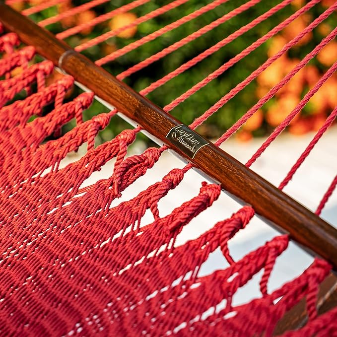 Lazy Daze Hammocks 10.5 FT Double 2 Person Caribbean Rope Hammock, Hand Woven Polyester Hammock with Spreader Bars, for Outside Outdoor Backyard Patio Poolside, 450 LBS Capacity, Red