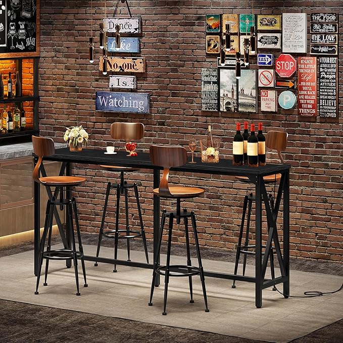 63'' Bar Table, Kitchen Dining Table with Power Outlet and Footrest, Industrial Style, for Pub, Living Room, Black TBT07UBB