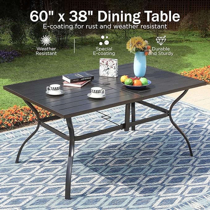 PHI VILLA 7 Piece Outdoor Dining Set for 6, 60” Rectangular Metal Steel Table with Umbrella Hole & Stackable Chairs, Heavy-Duty Furniture Set for Patio, Deck, Yard, Porch - Black