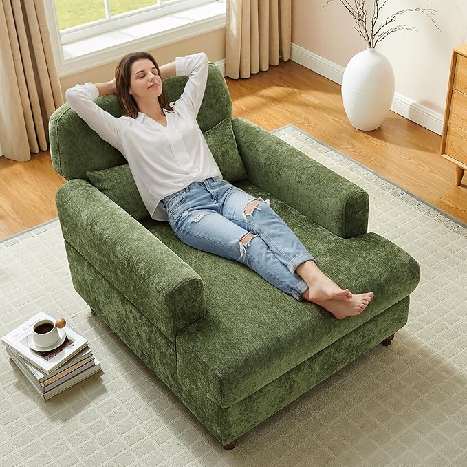 Chaise Lounge Chair Indoor with Adjustable Backrest, Oversized Accent Armchair for Living Room & Bedroom, Upholstered Mid-Century Reading Chair, Comfy Single Sofa Chair, Modern Living Room Chair
