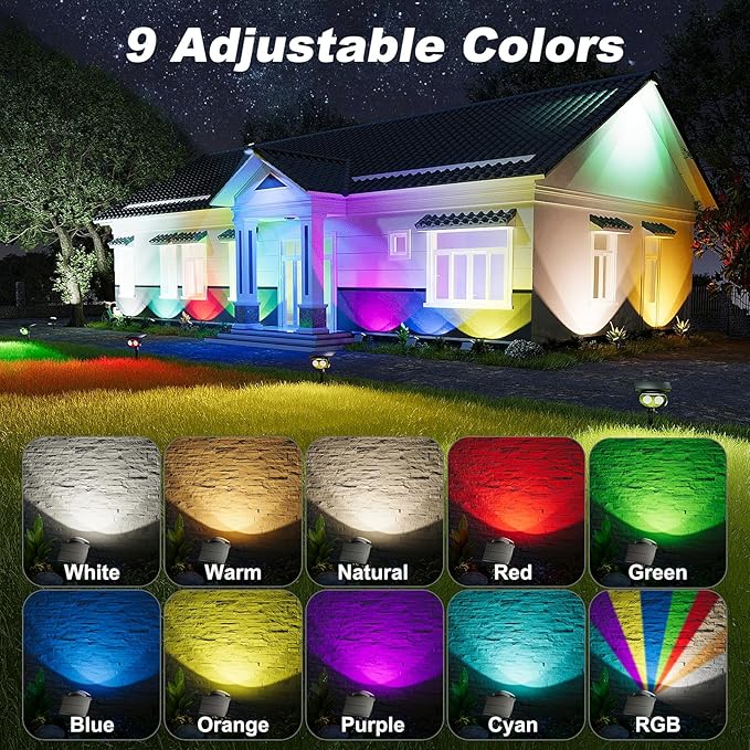 Solar Spot Lights Outdoor Waterproof IP68, RGB Colors Changing Solar Lights with 4 Lighting Modes, Solar Powered Lights Outdoor for Garden Yard Outside Landscape (2Pack)