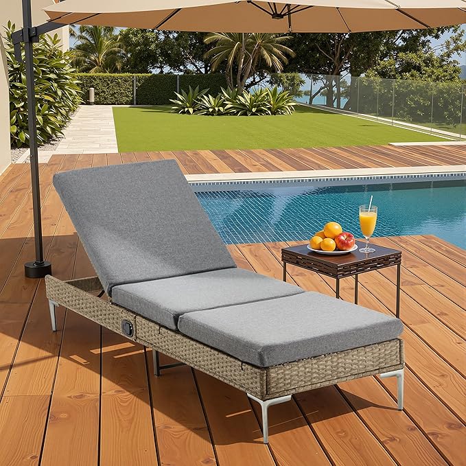 HOMREST Outdoor Chaise Lounge Chair, Patio Wicker Recliner with Pneumatic Adjustable Backrest, Rattan Pool Sunbathing Chair Suitable for Poolside & Backyard with Removable Cushion (Grey)