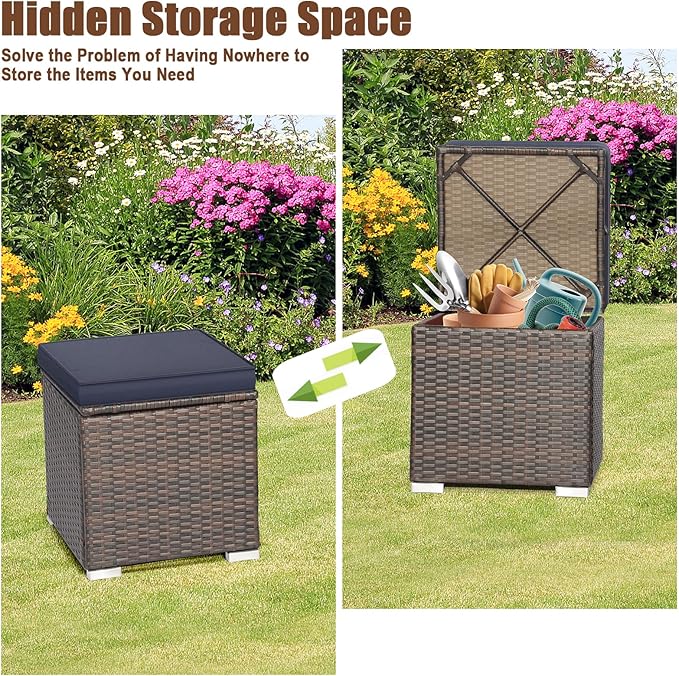 RELAX4LIFE Wicker Outdoor Storage Ottoman, 2-Piece Rattan Footstool w/Removable Cushion, Multipurpose Footrest Stool Side Table Additional Seating, Set of 2 Outdoor Ottomans for Patio Deck (Navy)