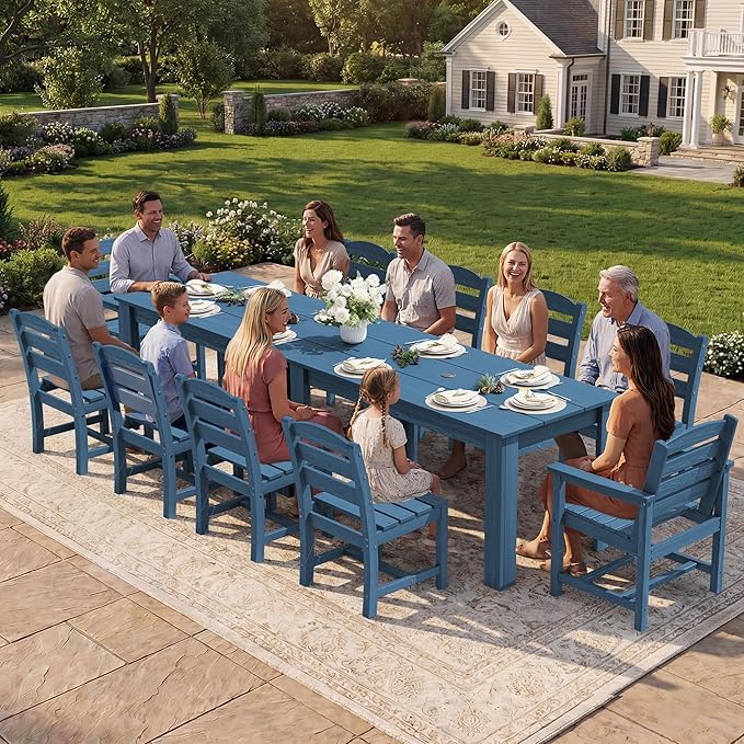 SERWALL Outdoor Dining Sets for 10, HDPE Dining Sets for 10 Person with 2 Rectangular Tables and 8 Armless Chairs and 2 Armchairs, Patio Dining Sets for Garden, Backyard, Poolside, Blue