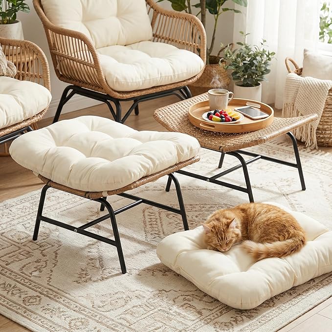 NICESOUL Indoor Outdoor Ottoman Set of 2, Large Wide Double Patio Footstool, PE Rattan Thicken Cushioned Footrest, All-Weather Wicker Furniture for Balcony, Porch, Living Room, Egg Chair, Beige