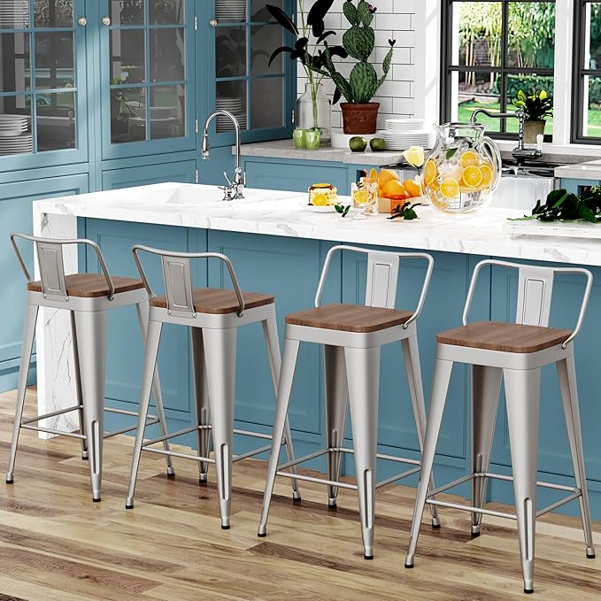 WENTMENT Bar Stools Set of 4 Counter Height Stools with Removable Back 26" Kitchen Bar Stools with Wooden Seat, Silver
