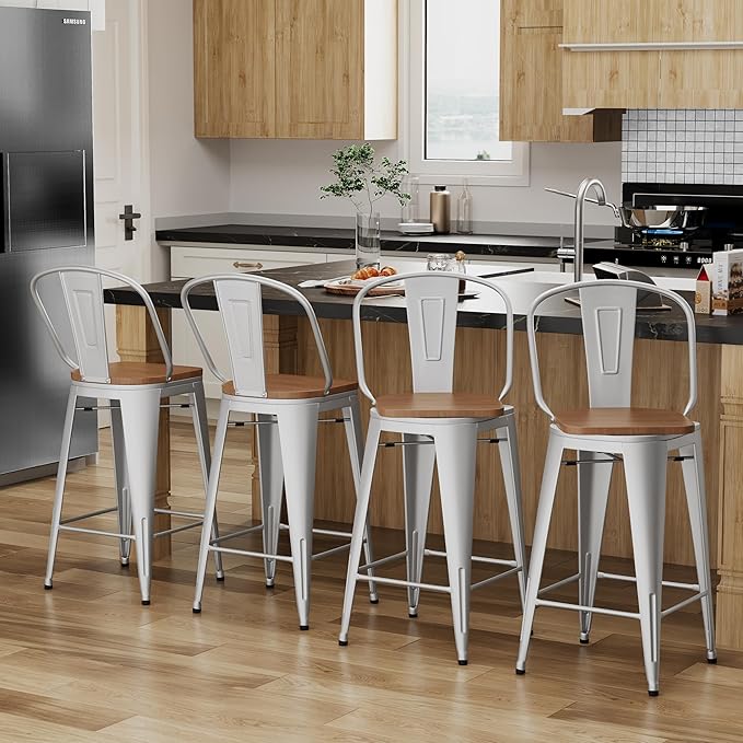 Alunaune 26" Swivel Metal Bar Stools Set of 4 High Back Counter Height Barstools Kitchen Dining Bar Chairs Industrial with Large Wooden Seat-Silver