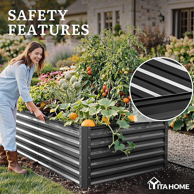 YITAHOME 96x48x24 in Galvanized Raised Garden Bed Kit, Large Metal Planter Box with Gloves, Safety Rubber & Support Rod, Outdoor Flower Bed for Plants Vegetables, Black