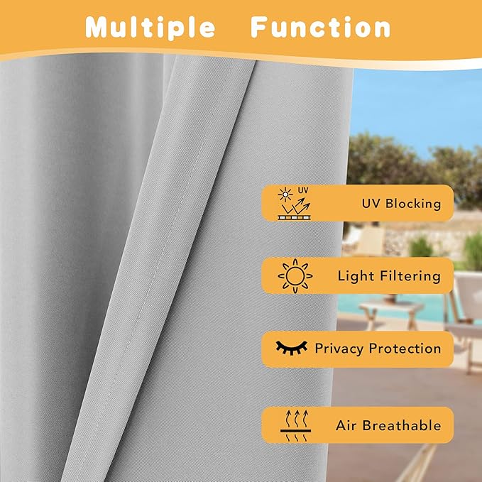 HolidayIdeas Outdoor Curtains for Patio Waterproof, 4 Panels - 54 x 108 Inch - Privacy Protection & Light Filtering Curtains Silver Grommet Outside Curtains for Porch, Gazebo, Pergola, Backyard