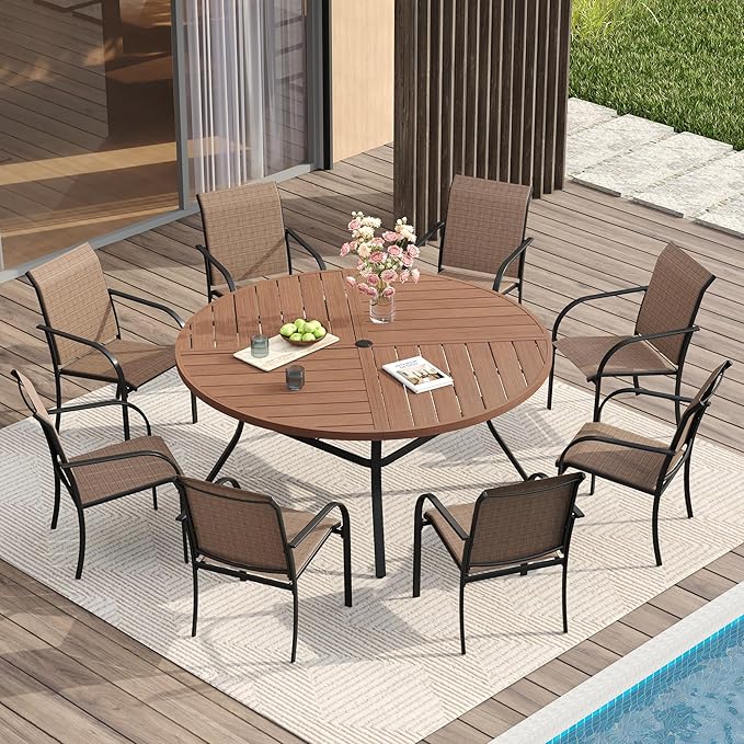 VICLLAX Patio Table and Chair Set of 8, All Weather Metal Round Outdoor Dining Furniture Set-53 Round Outdoor Table and Chairs, Walnut Wood Grain Tabletop