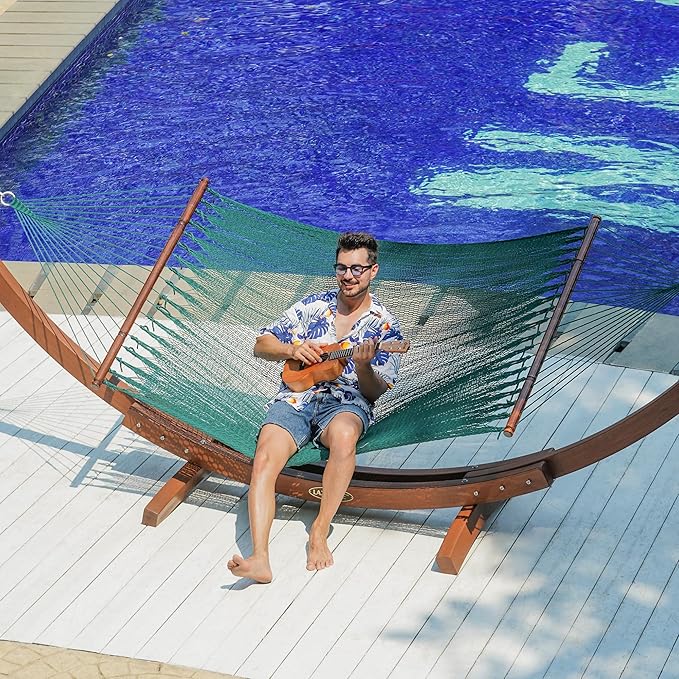 Lazy Daze Hammocks 10.5 FT Double 2 Person Caribbean Rope Hammock, Hand Woven Polyester Hammock with Spreader Bars, for Outside Outdoor Backyard Patio Poolside, 450 LBS Capacity, Green