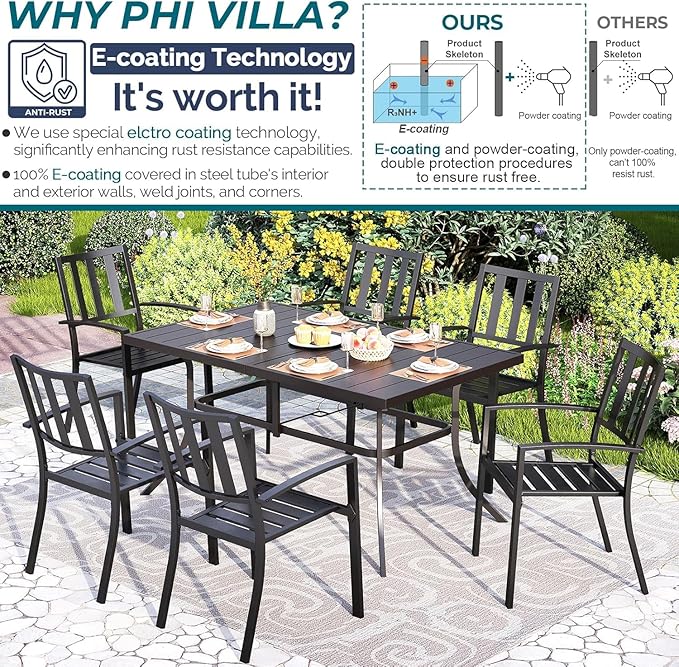 PHI VILLA 7 Piece Outdoor Dining Set for 6, 60” Rectangular Metal Steel Table with Umbrella Hole & Stacking Wrought Iron Chairs, Large Furniture Set for Patio, Deck, Yard - Black