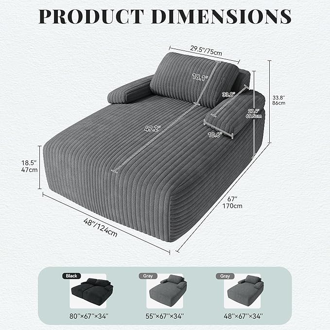 YITAHOME 67"L x 48"W Chaise Lounge Chair Indoor, Oversized Corduroy Upholstered Boneless Sofa Bed, Deep-Seat Sleeper Couch, Reading Chair, Cloud Sofa Couch for Living Room, No Assembly Required, Grey