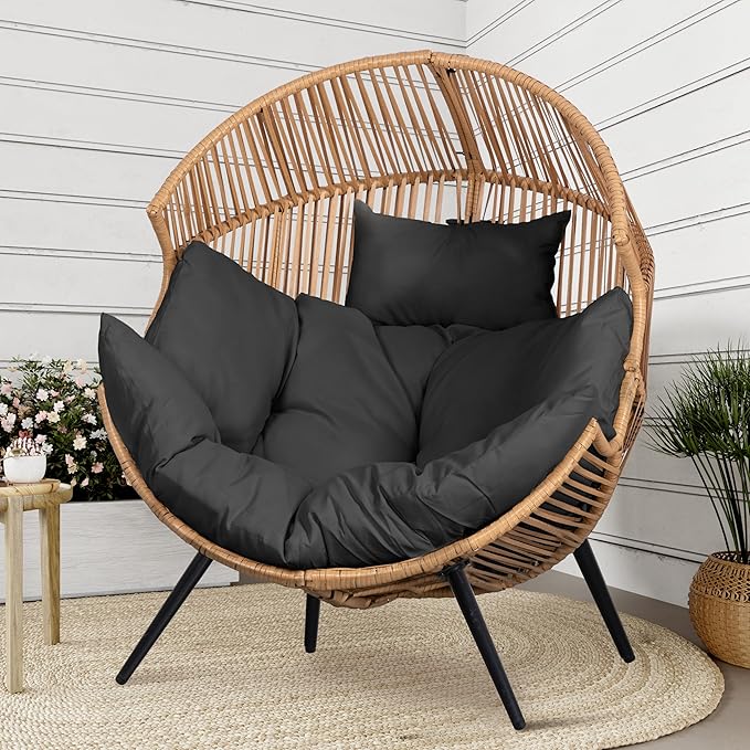 Shintenchi Wicker Egg Chair,Outdoor Indoor Rocking Chair,Large PE Rattan Rocking Chair with Cushion for Patio, Balcony, Backyard, Garden,Deep Grey