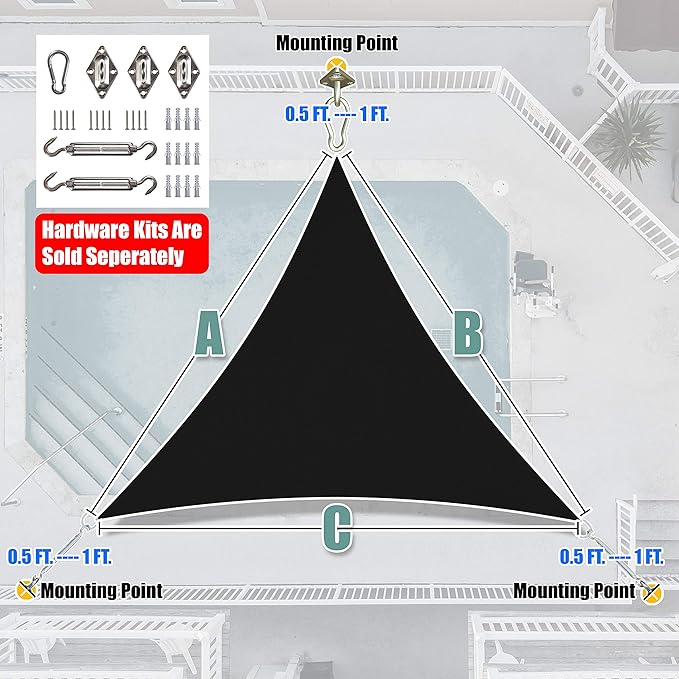 Amgo Custom Size 13' x 13' x 13' Black Triangle Sun Shade Sail UPF50+ AGTAPRT12, Order to Make Canopy Awning, 95% UV Blockage, Water & Air Permeable, Commercial Standard (We Customize)