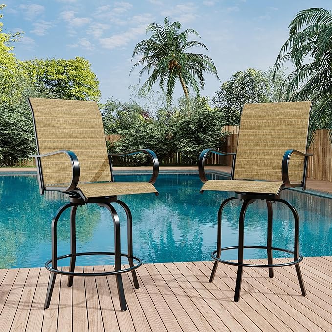 GarveeLife 2 Piece Outdoor Swivel Bar Chairs, Patio High Swivel Bar Stools, All Weather High Back and Armrest Patio Chairs, Outdoor Rotating BarChair Counter Height for Deck Lawn Garden Backyard