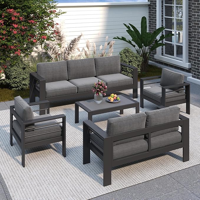 Solaste Aluminum Patio Furniture Set for All Weather, Oversized Metal Outdoor Furniture Set with 27.5" Deep Seating and 3.2" Wide Armrest, Outdoor Patio Conversation Sets with 10" Back Cushion, Gray