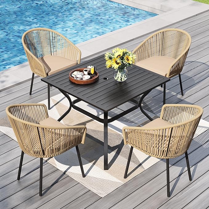 PHI VILLA Patio Wicker Chairs Set of 4, Outdoor Modern Brown Rope Rattan Chairs with Metal Legs & Cushions, Outside Dining Bistro Furniture for Deck, Porch, Backyard