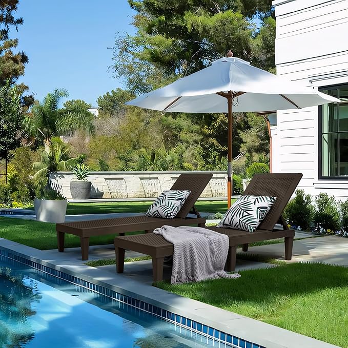 Greesum Outdoor Chaise Lounge Chairs Set of 2 with 5-Position Adjustable Backrest, Waterproof PP Sun Chaise Loungers for Garden Pool Beach Patio Deck Sunbathing, Brown