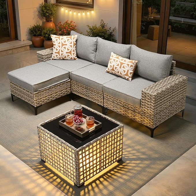 ovios 5-Piece Patio Furniture Set with L-Shape Sofa Chaise, Outdoor Sectional Couch Solar Table, Modern Modular Wicker Rattan Conversation Set, Dark Grey