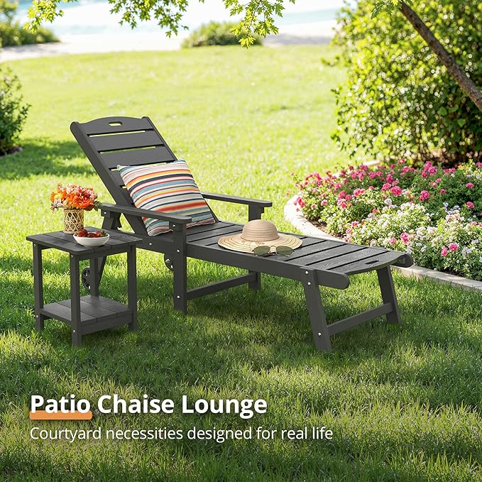 LUE BONA Outdoor Chaise Lounge Chairs Set of 4, HDPS Chaise Lounger, 5 Positions Adjustable Lounge Chairs, Pool Lounge Chair with Wheels for Poolside, Dark Gray