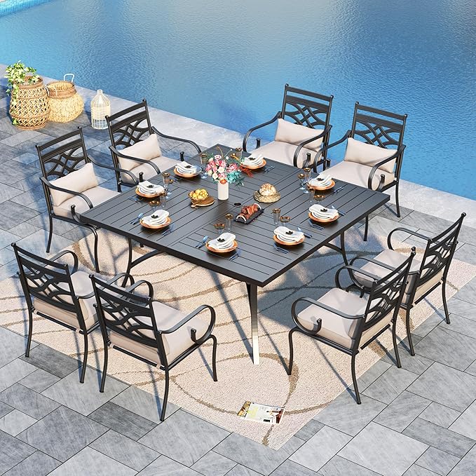 Sophia and William Outdoor Patio Dining Set for 8, Outdoor Table and Chairs, Removable Seat Cushions, 60" Square Black Patio Dining Table