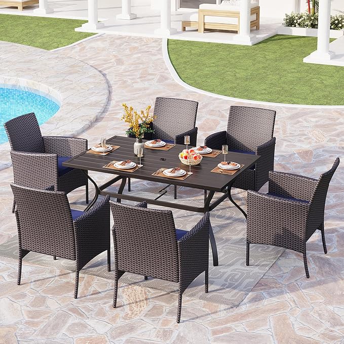 PHI VILLA 7 Piece Outdoor Dining Set for 6, Rectangular Wrought Iron Dining Table with Umbrella Hole & Cushioned Rattan Wicker Chairs for Patio, Deck, Yard, Porch