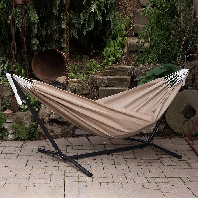 Vivere Double Sunbrella Hammock with Space-Saving Steel Stand, Heavy-Duty Portable Outdoor Hammock Set for Backyard, Patio, or Travel, Sand