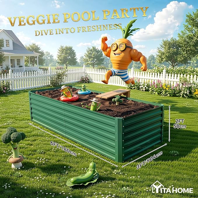 YITAHOME 6x3x2ft Large Raised Garden Bed Kit, Galvanized Metal Planter Box with Gloves, Ground Nails, Support Rod, Outdoor Above Ground Planters for Plants Vegetables Flowers, Green