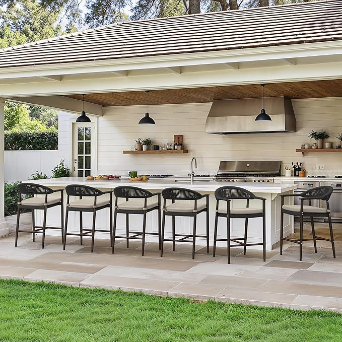 Bar Stools Set of 4, 24.8'' Aluminum Outdoor Bar Stool with Removable Cushion, Boho Rattan BarStools, Olefin Rope Woven Bar Chairs with Footrest for Patio, Garden, Pool, Kitchen, Black