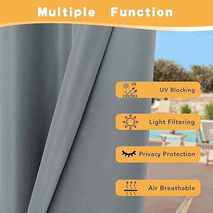 HolidayIdeas Outdoor Curtains for Patio Waterproof, 2 Panels - 84 x 84 Inch - Privacy Protection & Light Filtering Curtains Grommet Outside Curtains for Porch, Gazebo, Pergola, Backyard (Grey)
