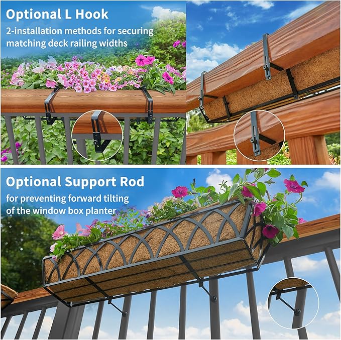 Y&M 30 Inch Fence Metal Hanging Flower Planter Window Basket Deck Railing Planter Boxes for Outdoor Garden Lawn, Window Deck with Coco Liner,6pcs