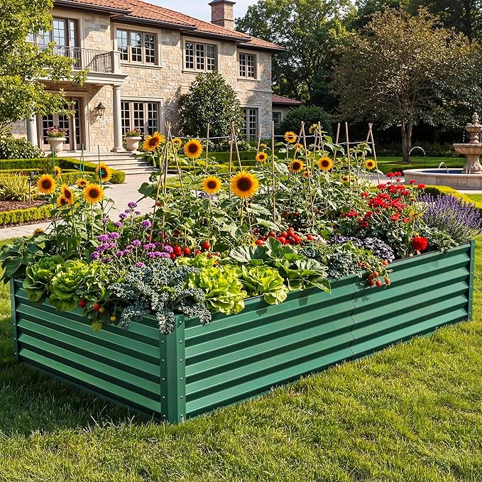 YITAHOME 8x4x1.5ft 2pcs Large Raised Garden Bed Kit, Galvanized Metal Planter Box with Gloves, Ground Nails & Safety Rubber, Outdoor Above Ground Planters for Plants Vegetables Flowers, Green