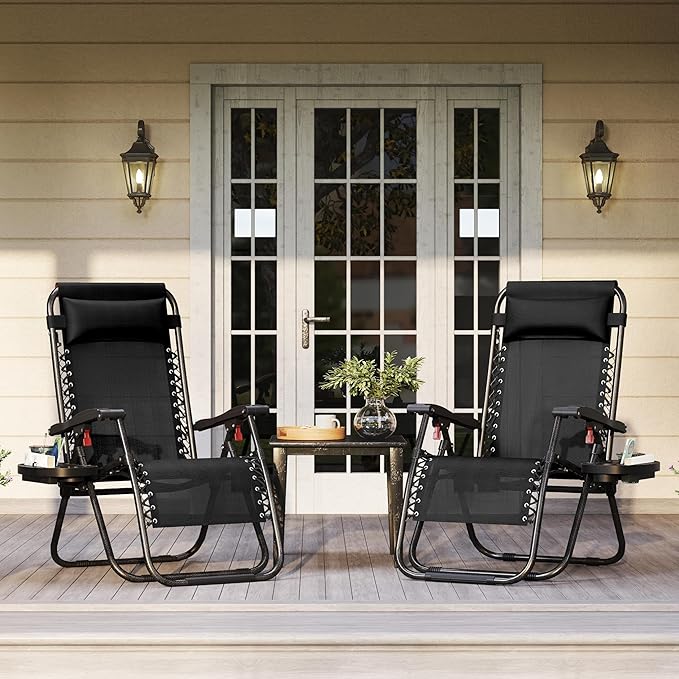 Yaheetech 26" Zero Gravity Recliners Outdoor Adjustable Folding Reclining Lounge Chairs w/Pillows, Cup Holder Trays and Carry Strap for Patio Backyard Beach New Black Set of 2