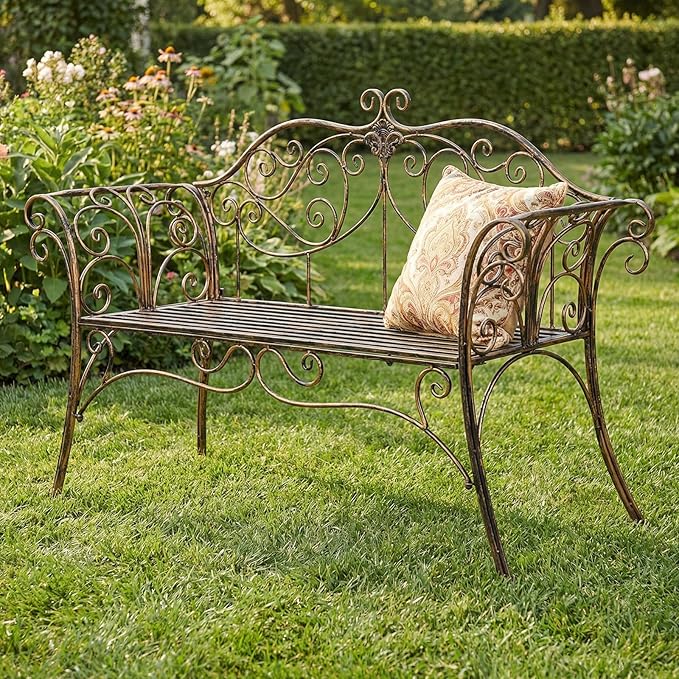 HLC Garden Bench Metal Outdoor Benchs for Front Porch Patio Park Yard 2 Seats Bench with Backrest and Armrests (Antique Bronze)