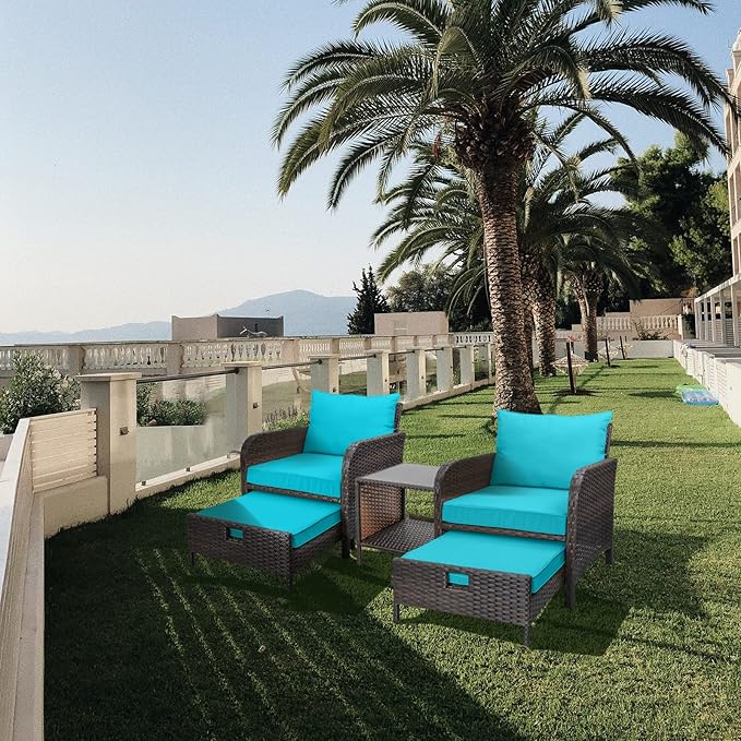 LEVELEVE Balcony Furniture 5 Piece Patio Conversation Set, PE Wicker Rattan Outdoor Lounge Chairs with Soft Cushions 2 Ottoman&Glass Table for Porch, Lawn-Brown Wicker