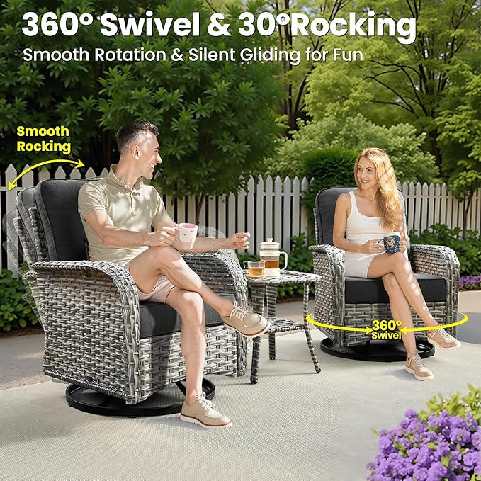 ovios 9-Piece Patio Furniture Set with L-Shape Sofa Chaise, Outdoor Sectional Couch Swivel Gliders Fire Pit Table Solar Table, Modern Modular Wicker Rattan Conversation Set, Black