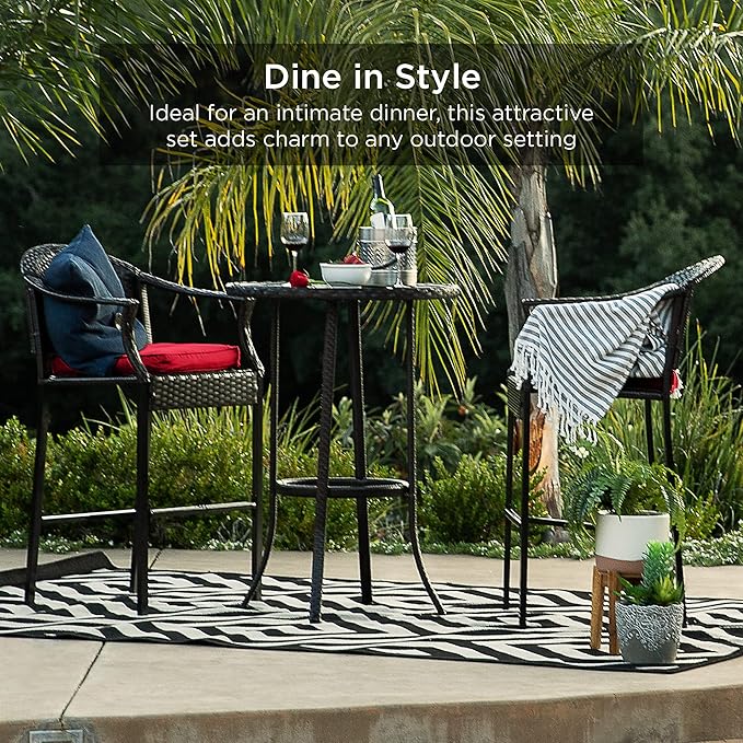 Best Choice Products 3-Piece Patio Bar Table Set, Outdoor Wicker Bar Height Bistro Furniture for Backyard, Poolside, Balcony w/Barstools, Cushions, Steel Frame – Brown/Red