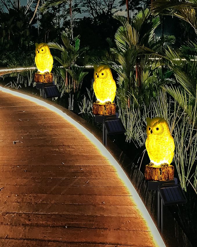 iStatue 2PC Solar Owl Garden Stake Lights, Handcrafted Resin Owl Outdoor Decor with Soft Warm Light, Solar Powered Lawn & Pathway Accent Gardening Gift (2-Pack, Owl)