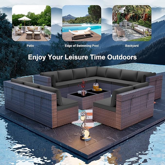 ALAULM Patio Furniture Set with Coffee Table, 14 Pieces Outdoor Sectional with Wide Seat and Thick Cushion, All Weather Wicker Rattan Conversation Set for Backyard, Garden, Deck, Grey