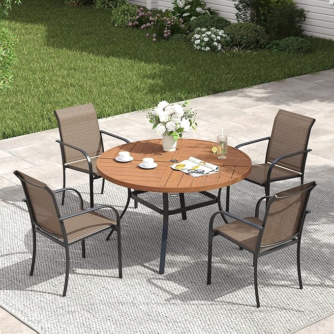 VICLLAX Patio Table and Chair Set of 4, All Weather Metal Round Outdoor Dining Furniture Set-40.6" Round Outdoor Table and Chairs, Walnut Wood Grain Tabletop