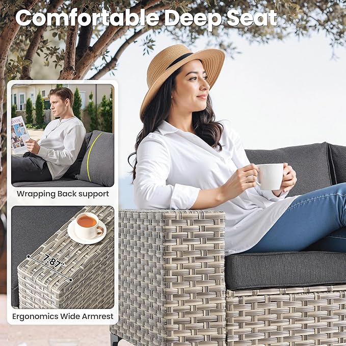 ovios 4-Piece Patio Furniture Set with L-Shape Sofa Chaise, Outdoor Sectional Couch Comfy Cushions, Modern Modular Wicker Rattan Conversation Set, Black