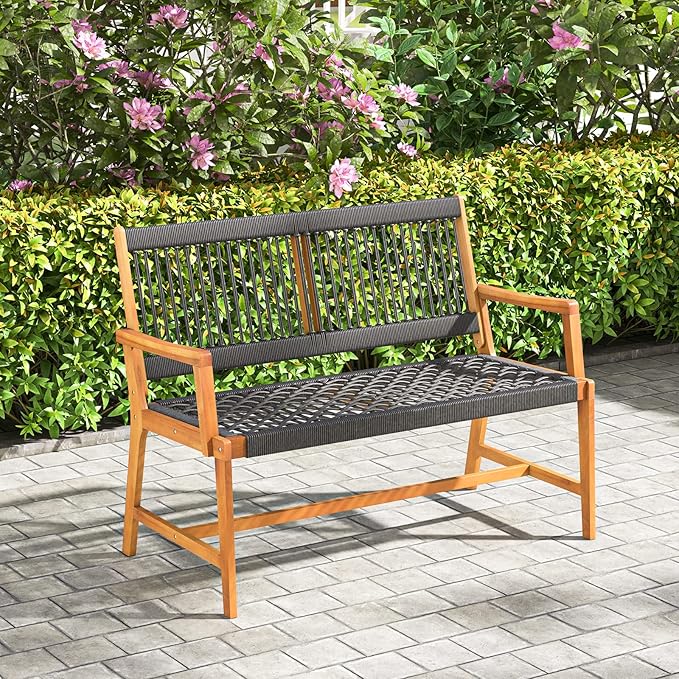Tangkula Outdoor Acacia Wood Bench, All-Weather Rope Woven Garden Bench with Backrest and Armrests, 2-Person Patio Bench for Porch, Backyard, 705 Lbs Max Load